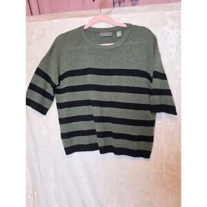 Vkoo Women Green Black Striped 100% Cashmere Short Sleeve Sweater Size S